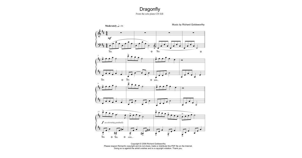 Richard Goldsworthy Solo Piano -Dragonfly Sheet Music