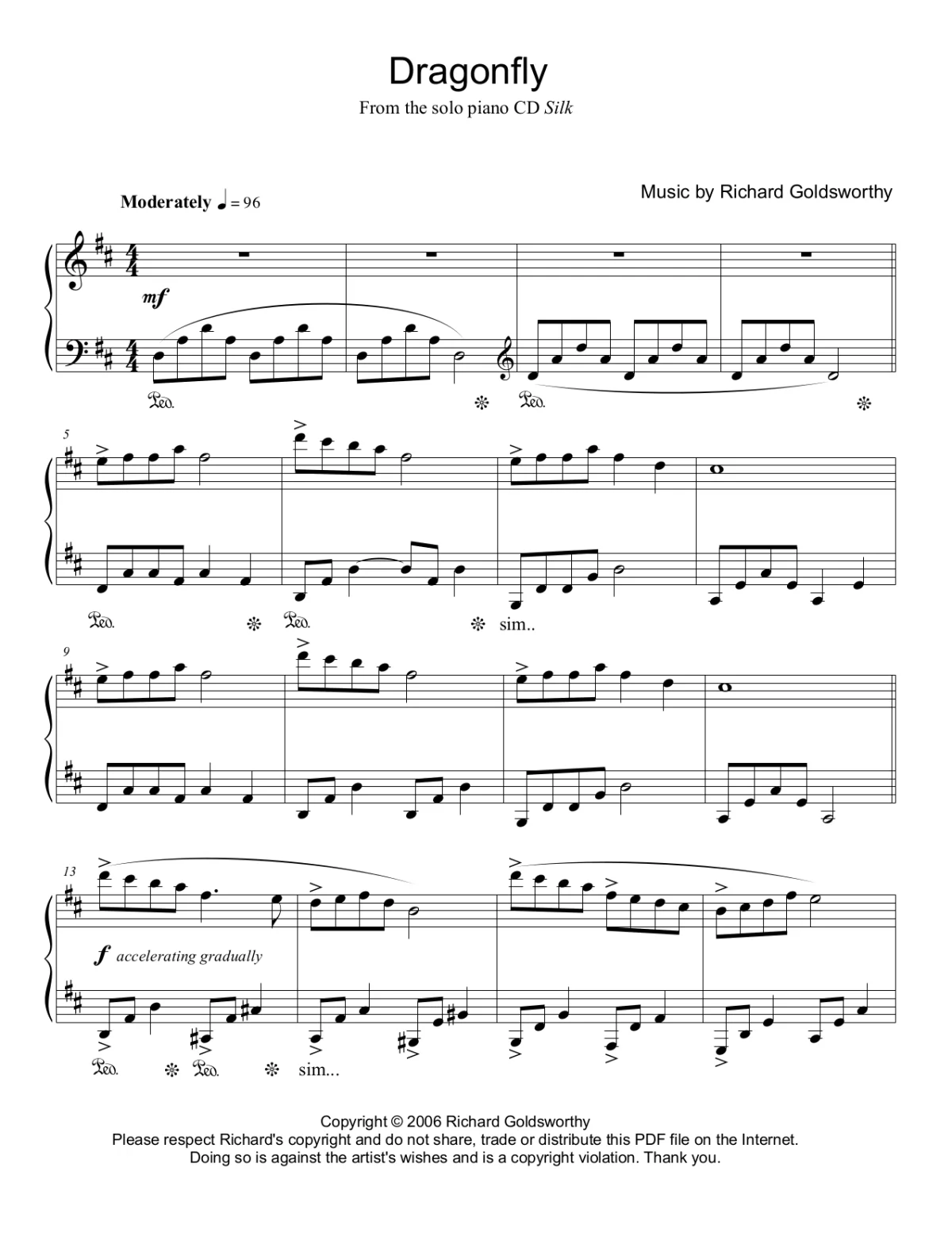 Richard Goldsworthy Solo Piano -Dragonfly Sheet Music